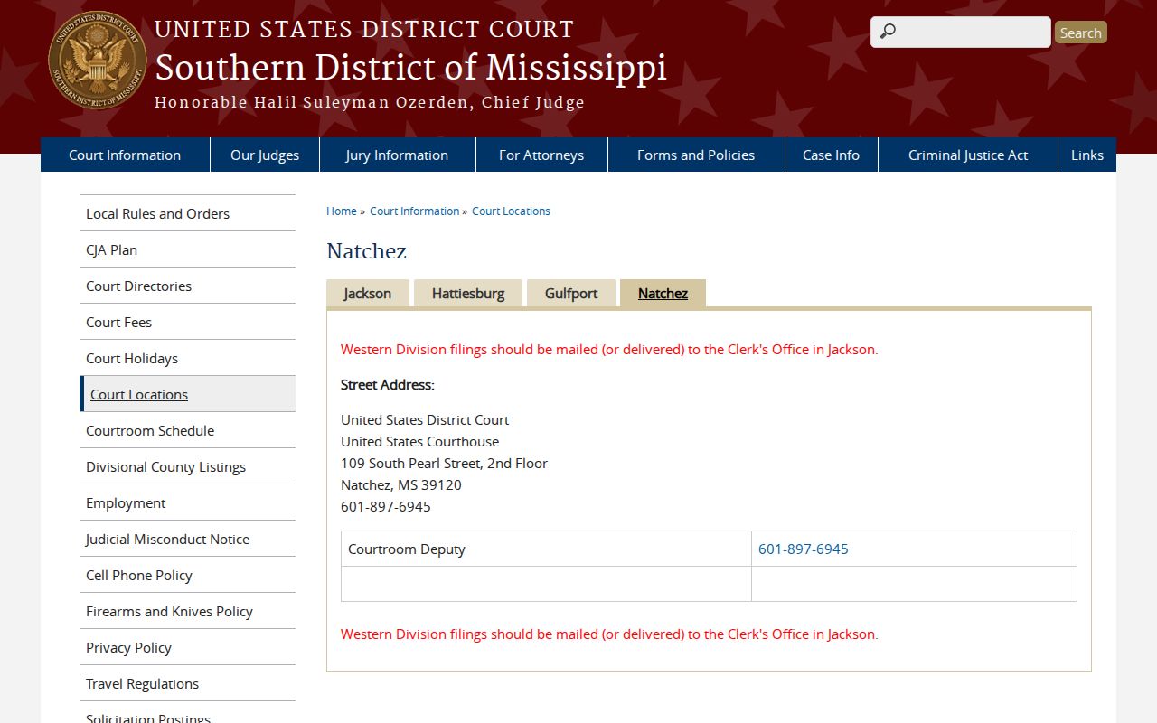 Adams court schedule federal Natchez Division information