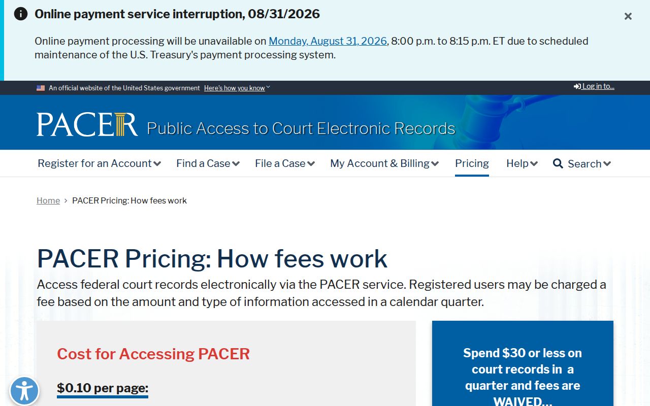 Adams County court records federal PACER pricing