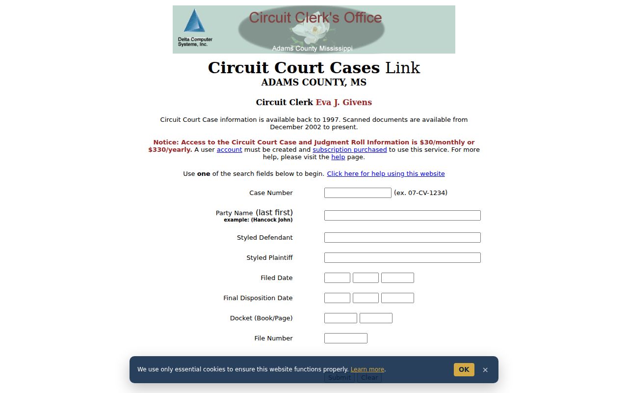 Adams criminal docket Delta Circuit search fields